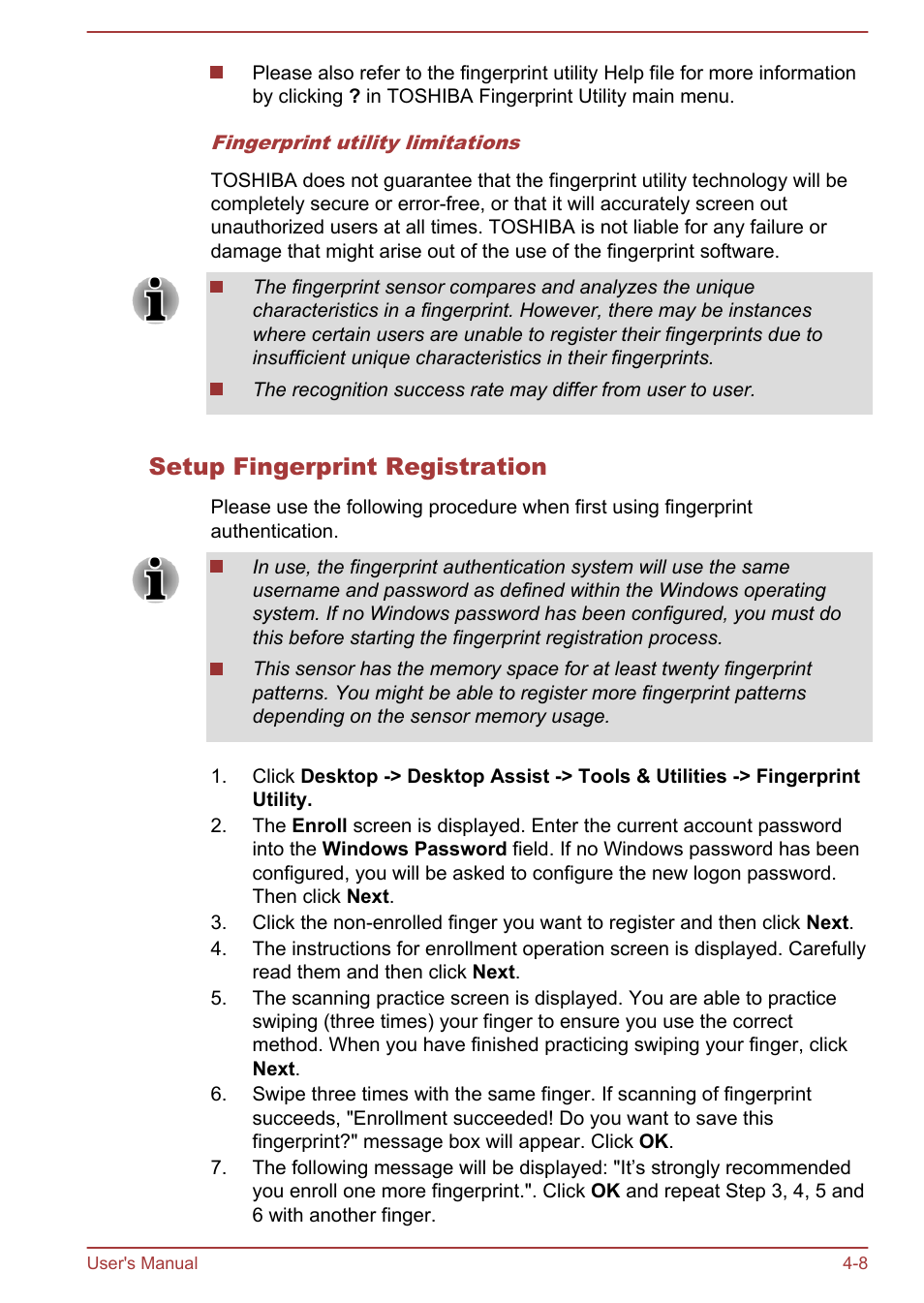 Setup fingerprint registration | Toshiba Portege Z930-F User Manual | Page 64 / 132