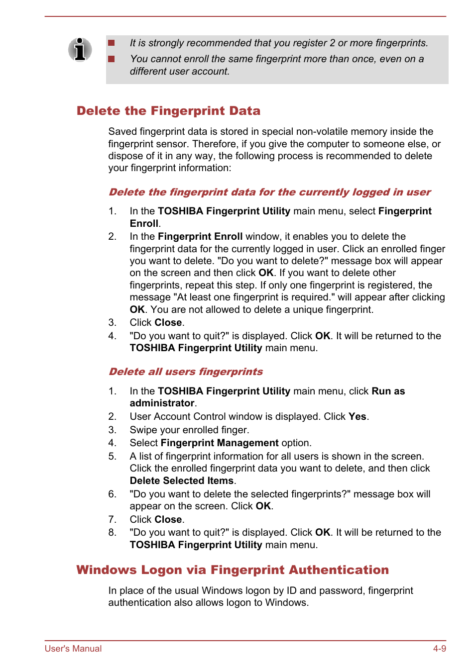 Delete the fingerprint data, Windows logon via fingerprint authentication | Toshiba Portege Z930-F User Manual | Page 65 / 132