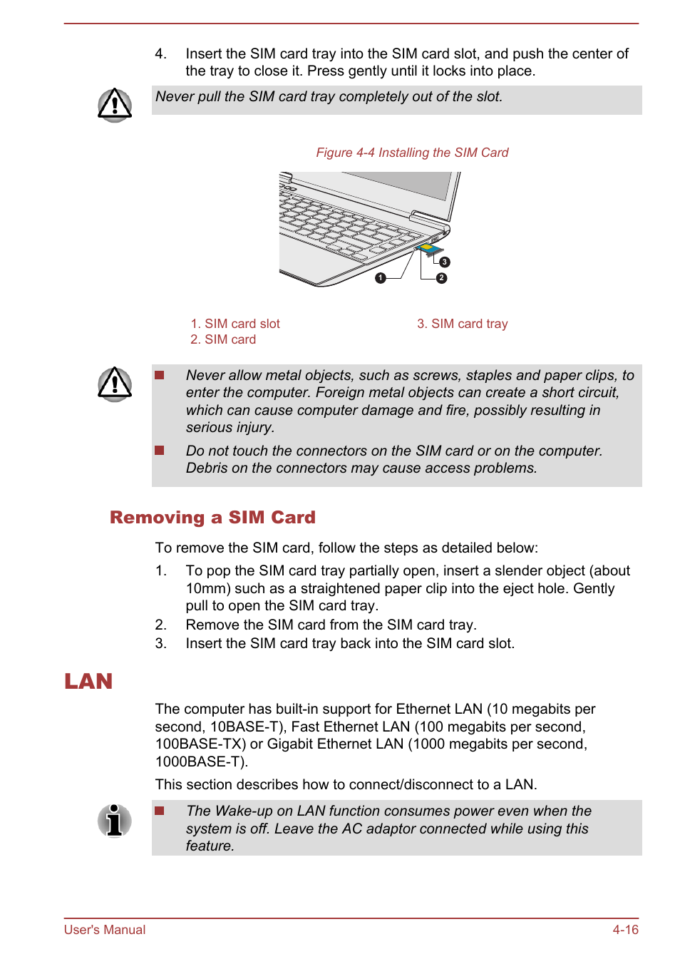 Removing a sim card, Lan -16 | Toshiba Portege Z930-F User Manual | Page 72 / 132