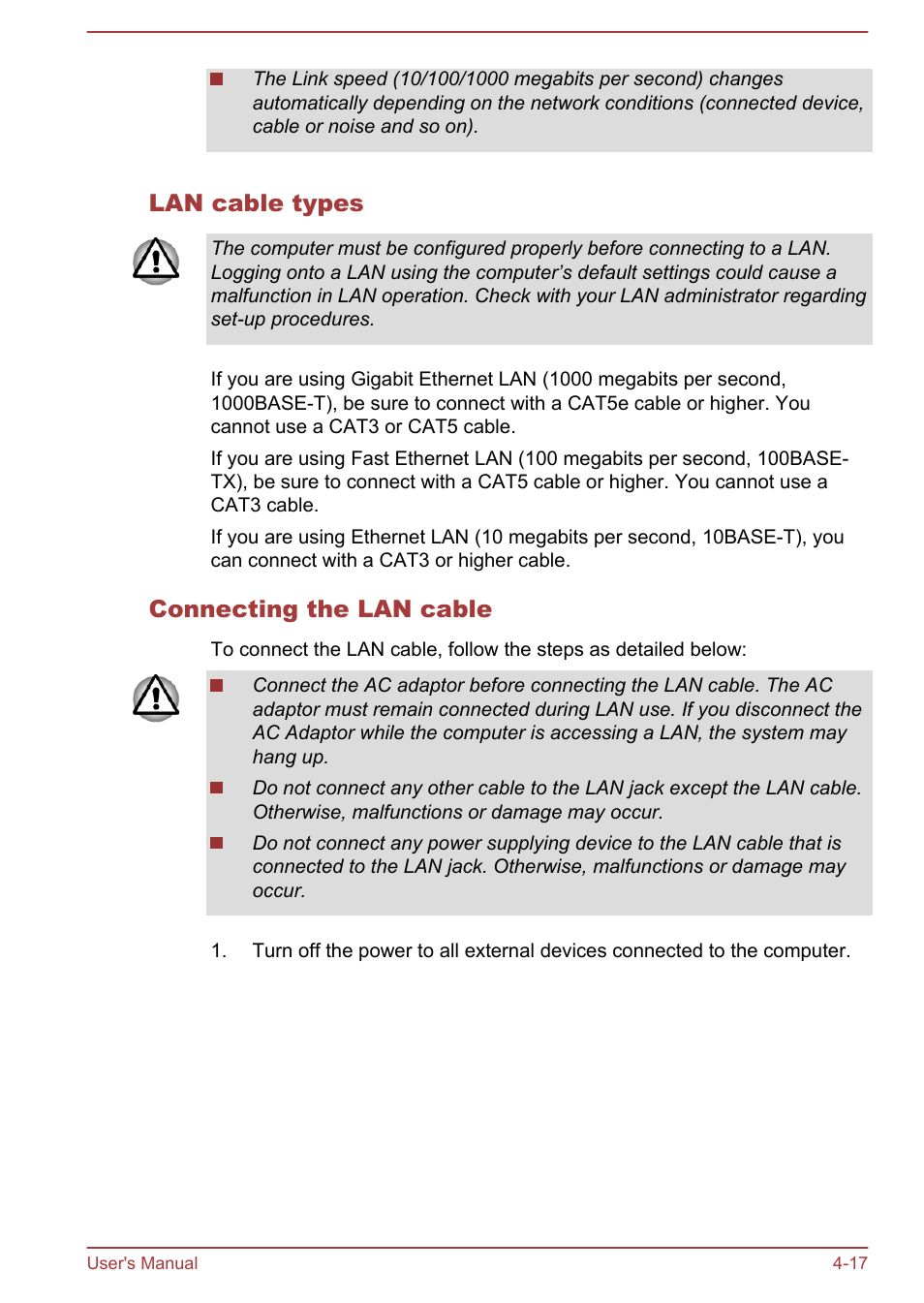 Lan cable types, Connecting the lan cable | Toshiba Portege Z930-F User Manual | Page 73 / 132