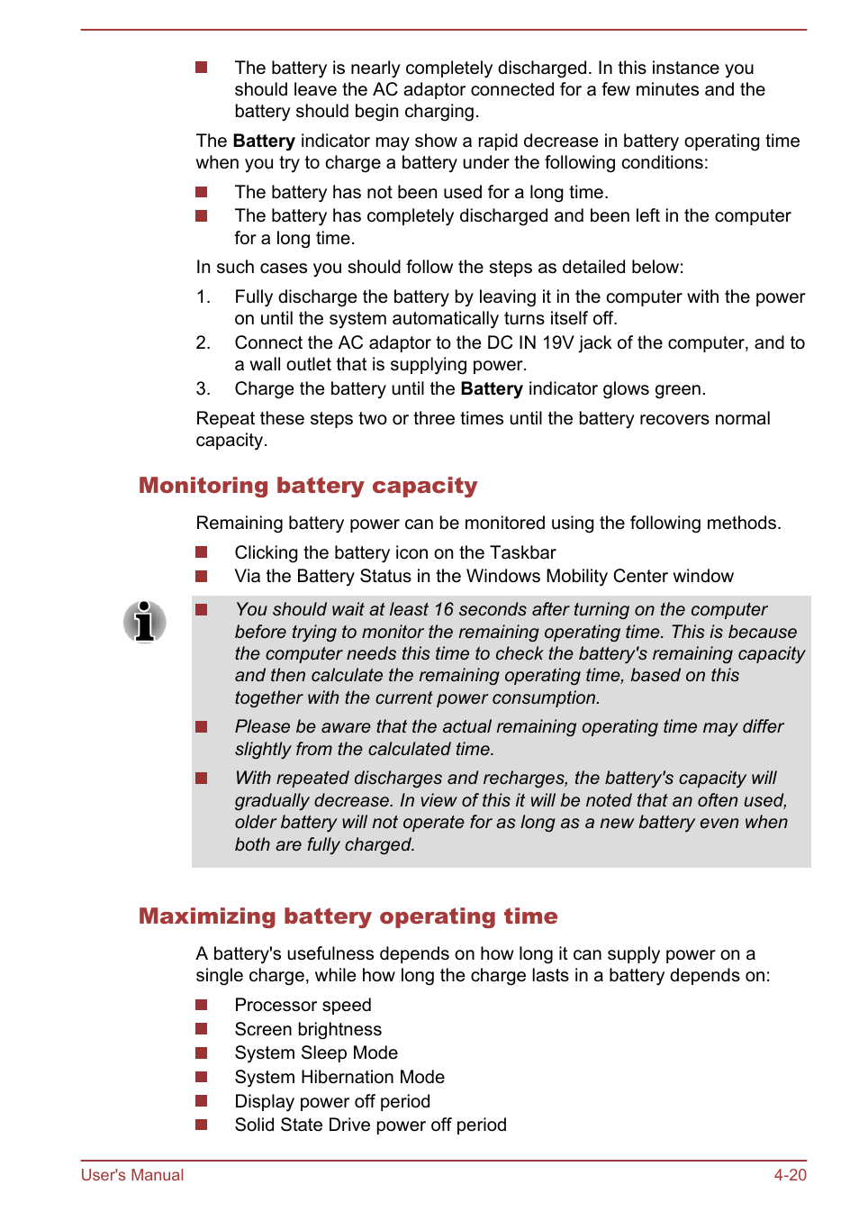 Monitoring battery capacity, Maximizing battery operating time | Toshiba Portege Z930-F User Manual | Page 76 / 132