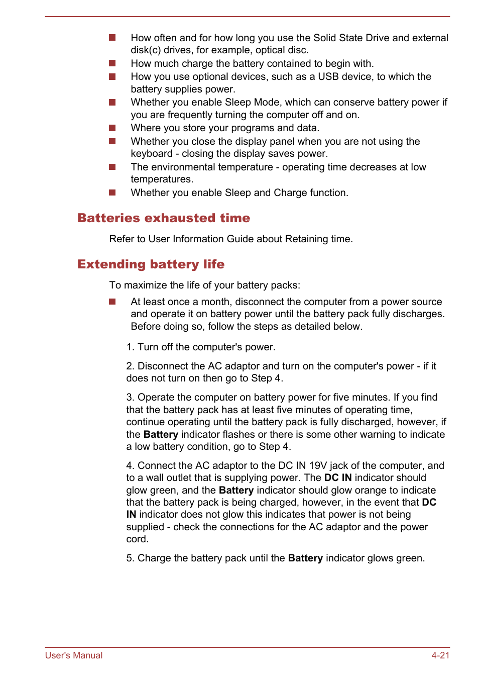 Batteries exhausted time, Extending battery life | Toshiba Portege Z930-F User Manual | Page 77 / 132