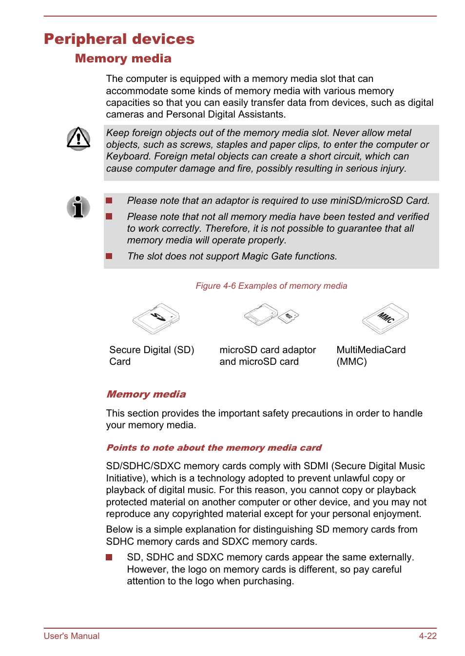 Peripheral devices, Memory media, Peripheral devices -22 | Toshiba Portege Z930-F User Manual | Page 78 / 132