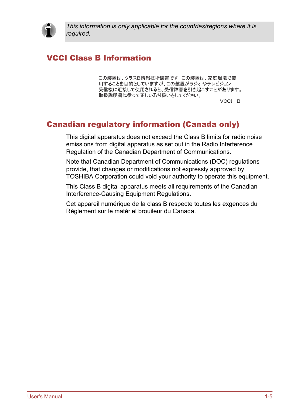 Vcci class b information, Canadian regulatory information (canada only) | Toshiba Portege Z930-F User Manual | Page 8 / 132