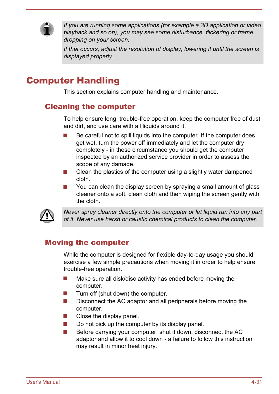 Computer handling, Cleaning the computer, Moving the computer | Computer handling -31 | Toshiba Portege Z930-F User Manual | Page 87 / 132