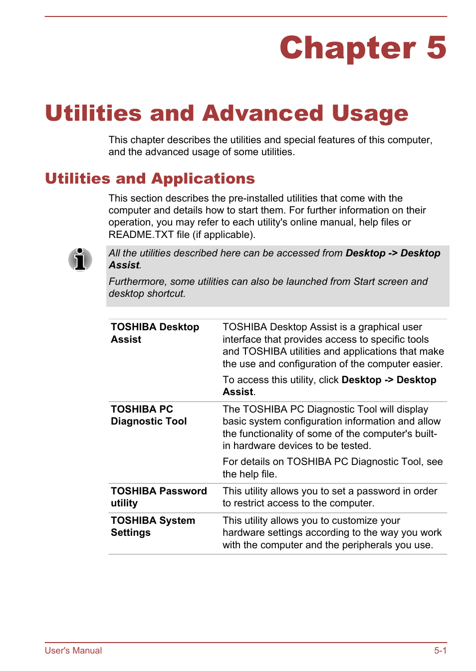 Chapter 5 utilities and advanced usage, Utilities and applications, Chapter 5 | Utilities and advanced usage, Utilities and applications -1 | Toshiba Portege Z930-F User Manual | Page 89 / 132