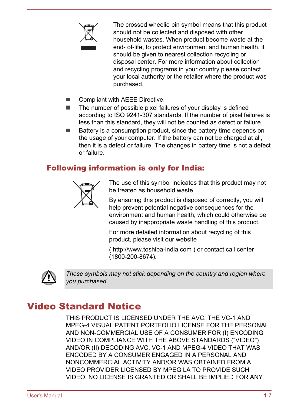 Following information is only for india, Video standard notice, Video standard notice -7 | Toshiba Satellite L30W-B User Manual | Page 10 / 120