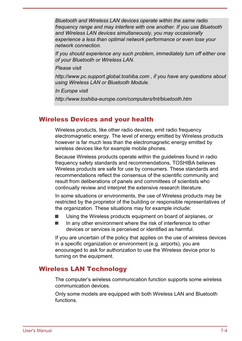 Wireless devices and your health, Wireless lan technology | Toshiba Satellite L30W-B User Manual | Page 104 / 120
