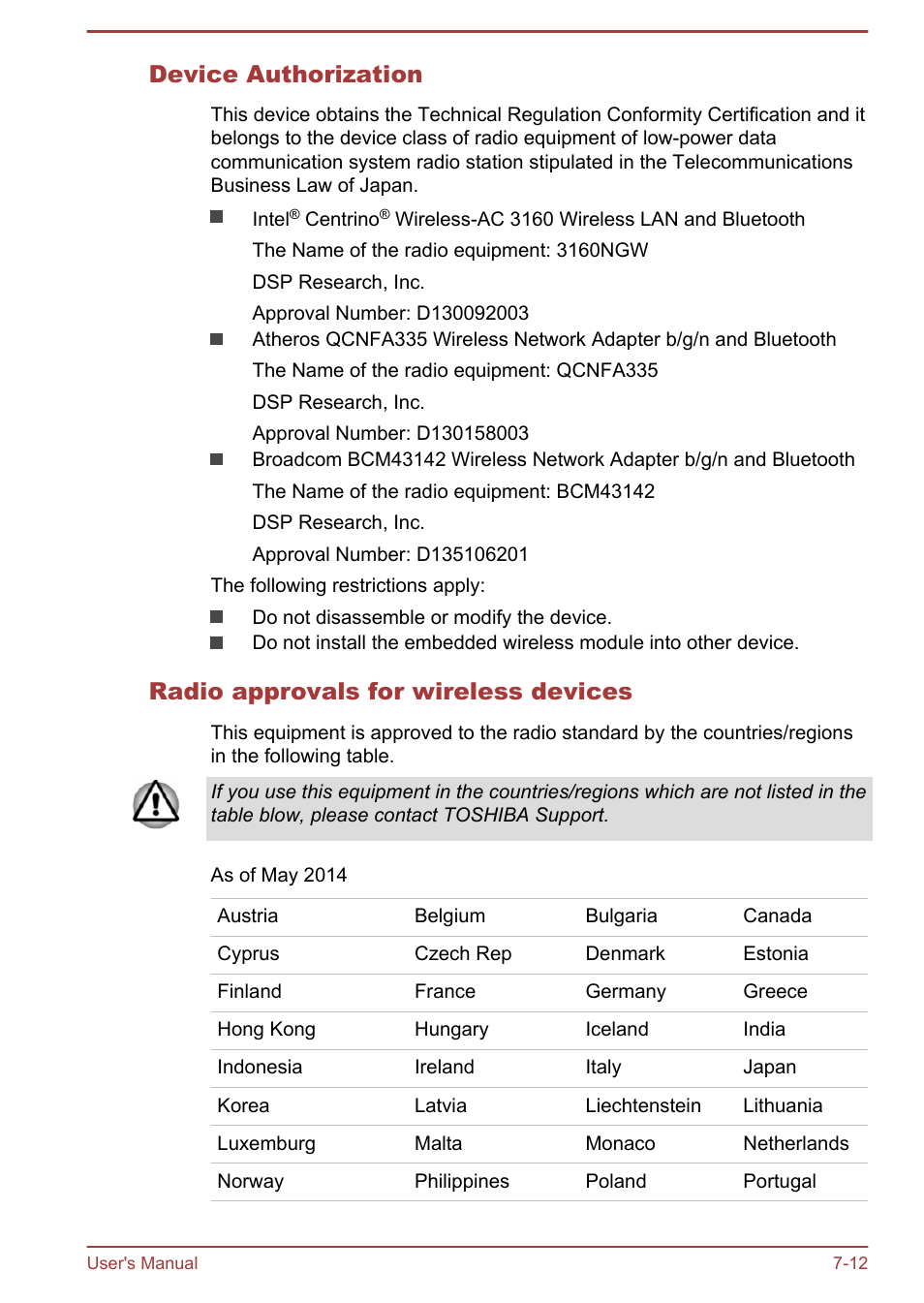 Device authorization, Radio approvals for wireless devices | Toshiba Satellite L30W-B User Manual | Page 112 / 120