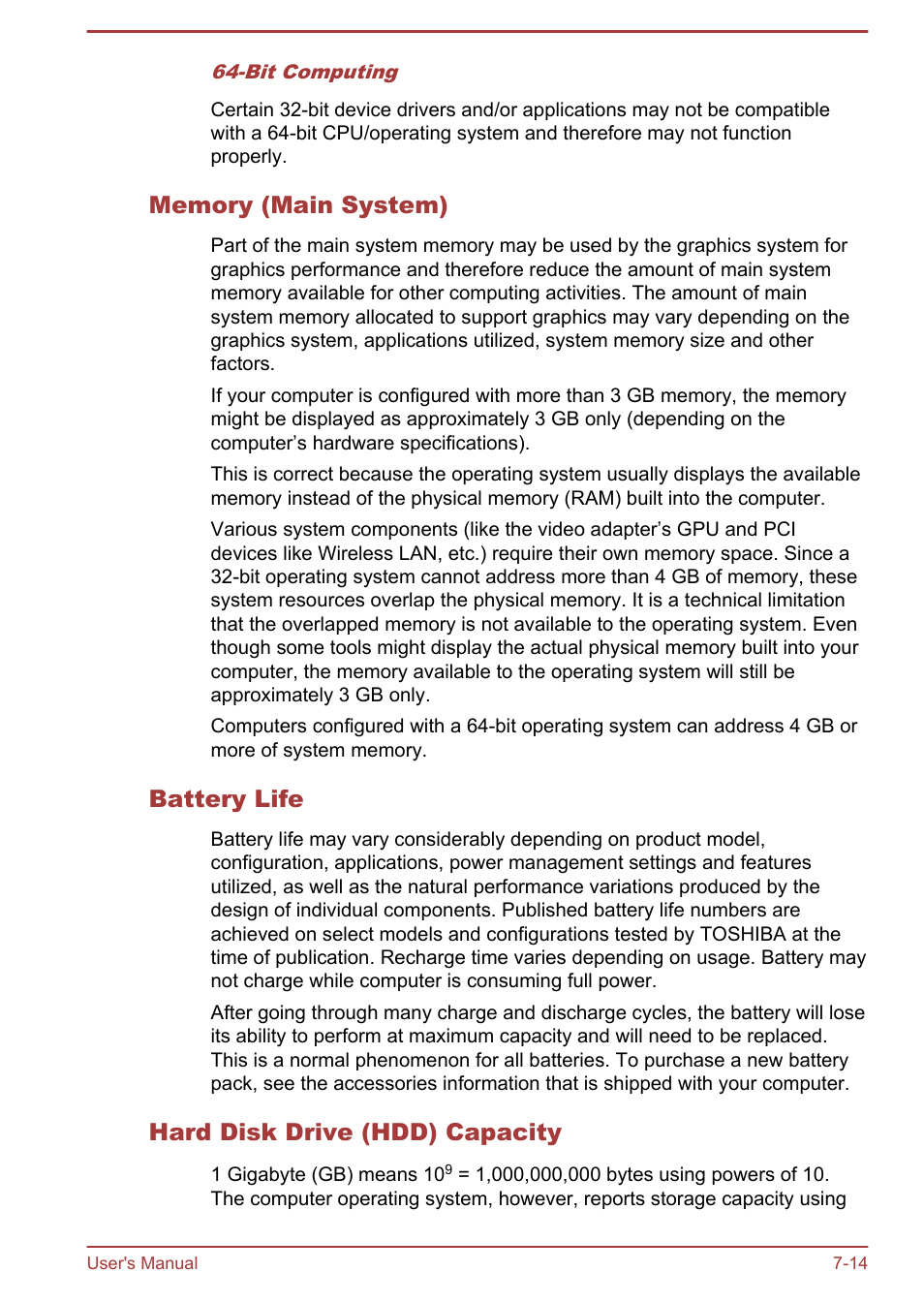 Memory (main system), Battery life, Hard disk drive (hdd) capacity | Toshiba Satellite L30W-B User Manual | Page 114 / 120