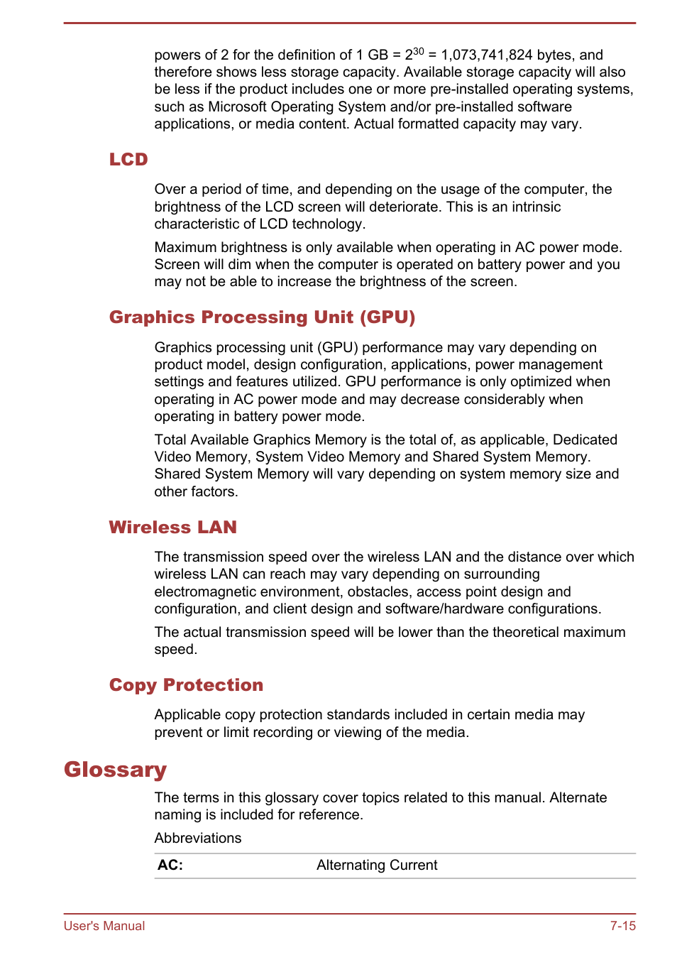 Graphics processing unit (gpu), Wireless lan, Copy protection | Glossary, Glossary -15 | Toshiba Satellite L30W-B User Manual | Page 115 / 120