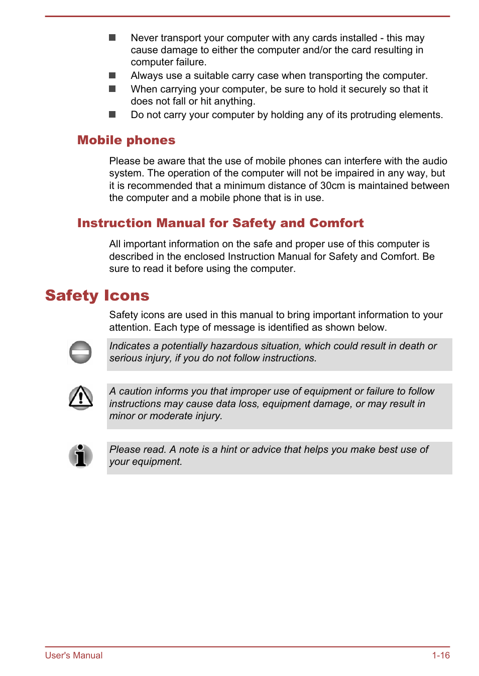 Mobile phones, Instruction manual for safety and comfort, Safety icons | Safety icons -16 | Toshiba Satellite L30W-B User Manual | Page 19 / 120