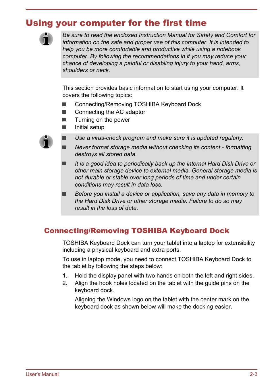 Using your computer for the first time, Connecting/removing toshiba keyboard dock, Using your computer for the first time -3 | Toshiba Satellite L30W-B User Manual | Page 22 / 120