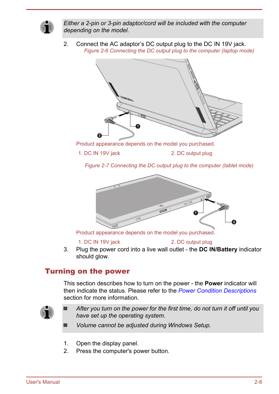 Turning on the power | Toshiba Satellite L30W-B User Manual | Page 27 / 120