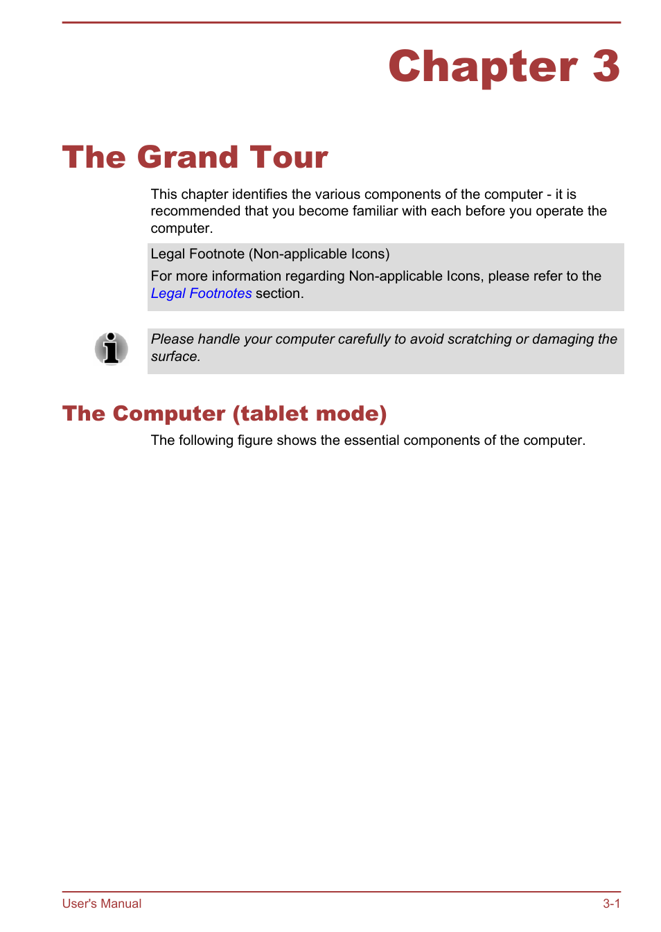 Chapter 3 the grand tour, The computer (tablet mode), Chapter 3 | The grand tour, The computer (tablet mode) -1 | Toshiba Satellite L30W-B User Manual | Page 35 / 120