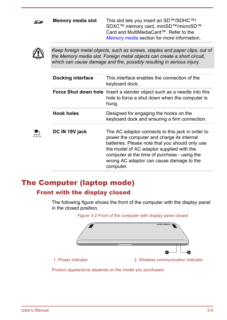 The computer (laptop mode), Front with the display closed, The computer (laptop mode) -5 | Toshiba Satellite L30W-B User Manual | Page 39 / 120