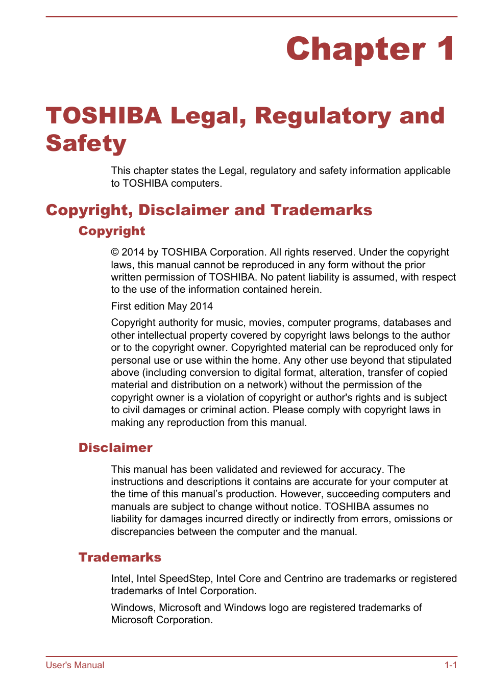 Chapter 1 toshiba legal, regulatory and safety, Copyright, disclaimer and trademarks, Copyright | Disclaimer, Trademarks, Chapter 1, Toshiba legal, regulatory and safety, Copyright, disclaimer and trademarks -1 | Toshiba Satellite L30W-B User Manual | Page 4 / 120