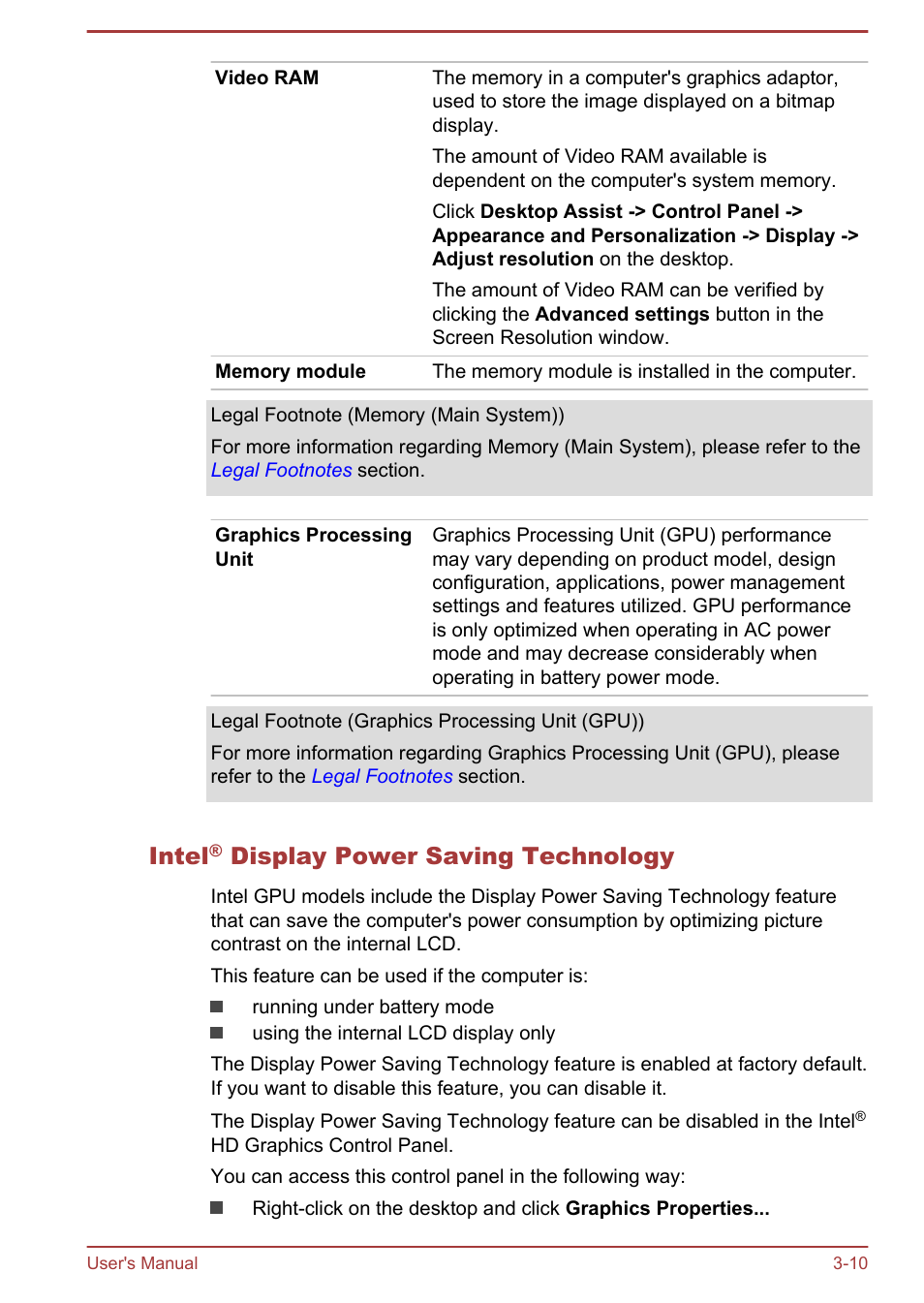 Intel® display power saving technology, Intel, Display power saving technology | Toshiba Satellite L30W-B User Manual | Page 44 / 120