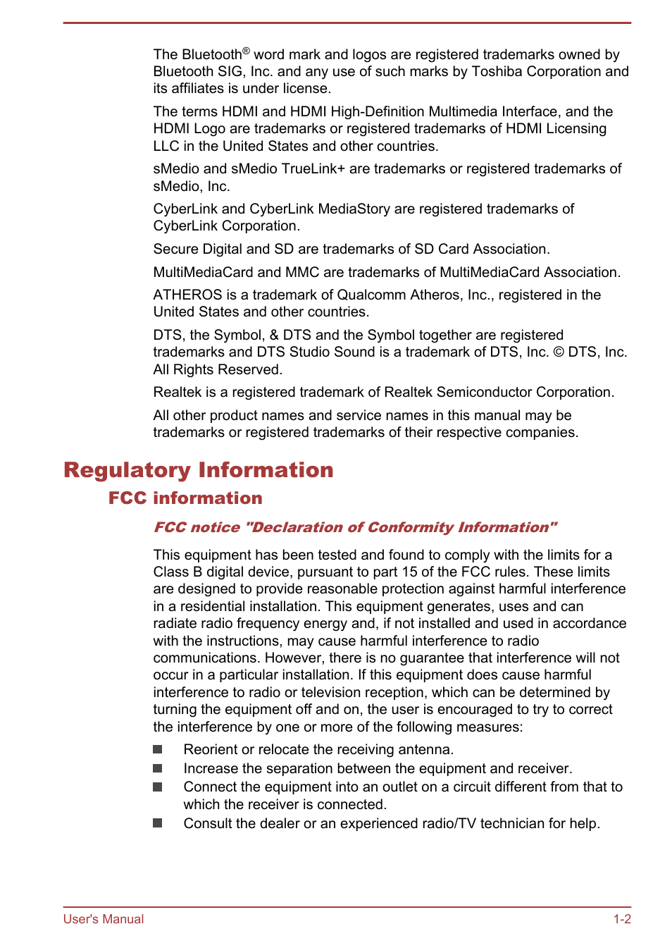 Regulatory information, Fcc information, Regulatory information -2 | Toshiba Satellite L30W-B User Manual | Page 5 / 120