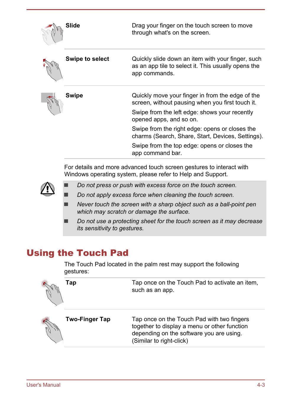 Using the touch pad, Using the touch pad -3 | Toshiba Satellite L30W-B User Manual | Page 50 / 120