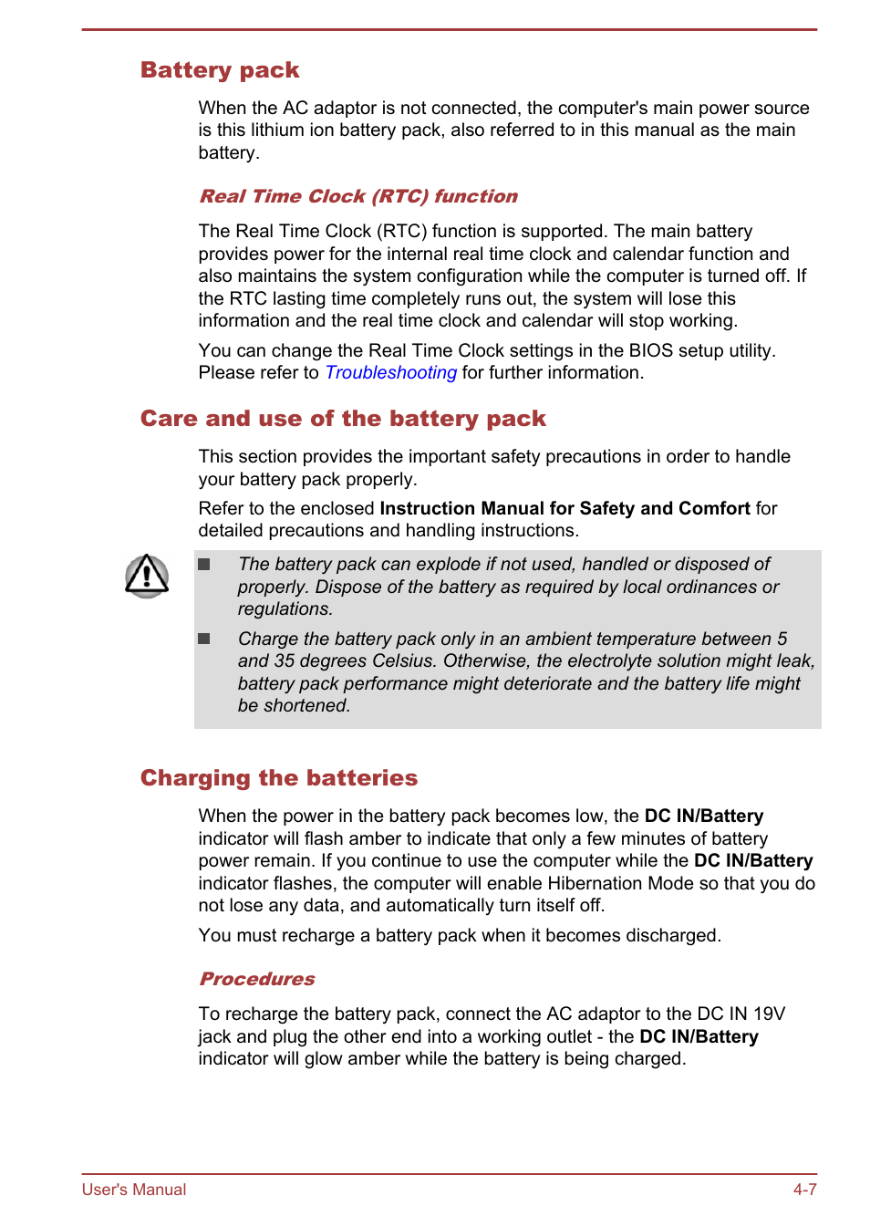 Battery pack, Care and use of the battery pack, Charging the batteries | Toshiba Satellite L30W-B User Manual | Page 54 / 120