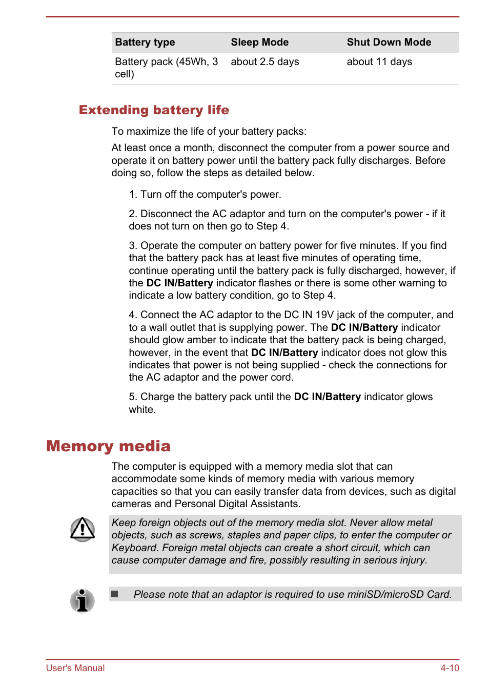 Extending battery life, Memory media, Memory media -10 | Toshiba Satellite L30W-B User Manual | Page 57 / 120