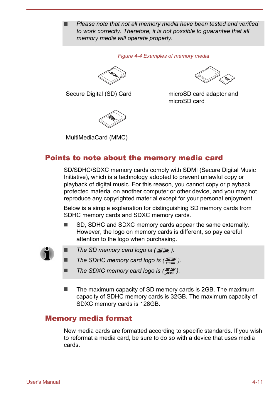 Points to note about the memory media card, Memory media format | Toshiba Satellite L30W-B User Manual | Page 58 / 120