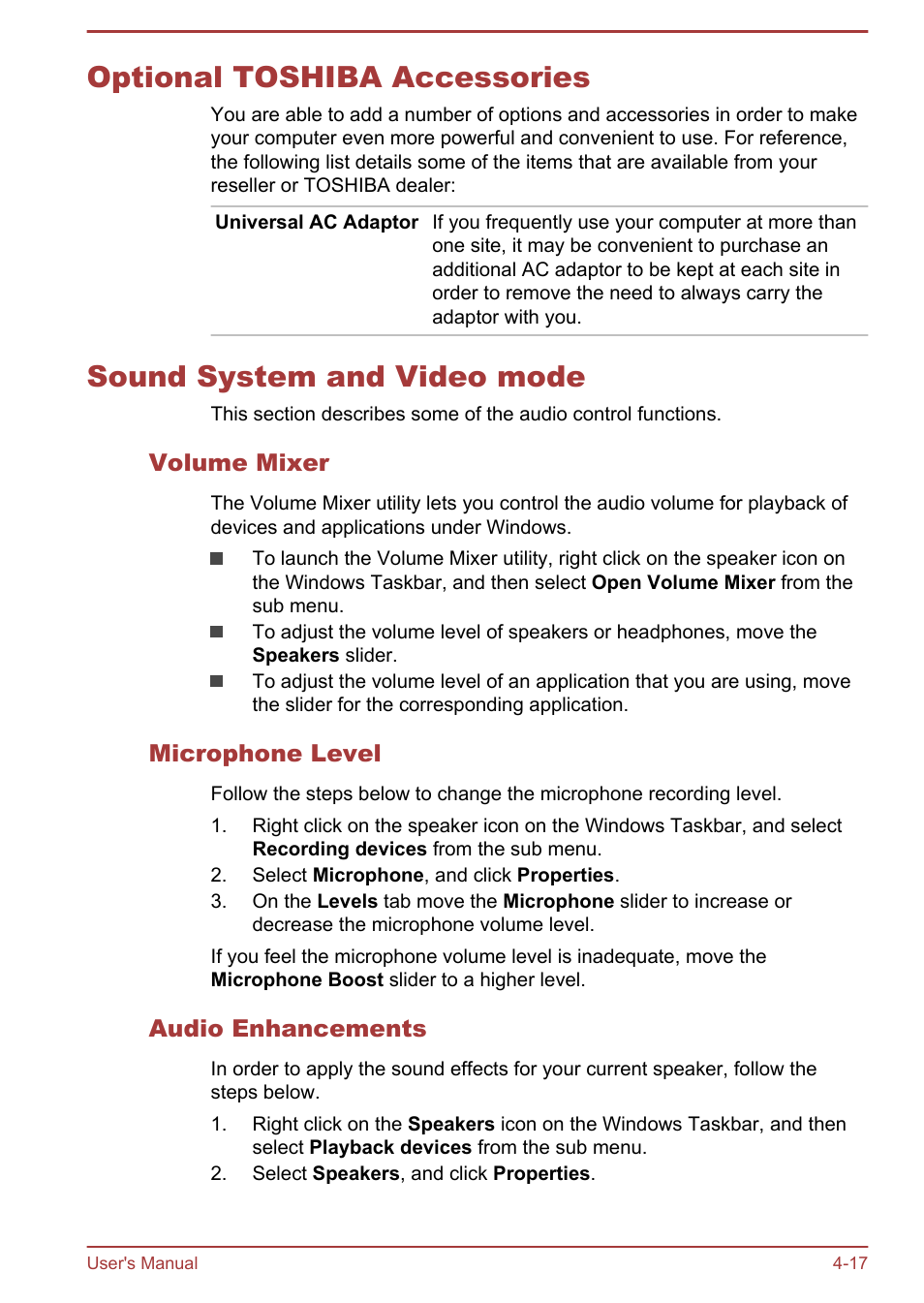 Optional toshiba accessories, Sound system and video mode, Volume mixer | Microphone level, Audio enhancements, To the | Toshiba Satellite L30W-B User Manual | Page 64 / 120