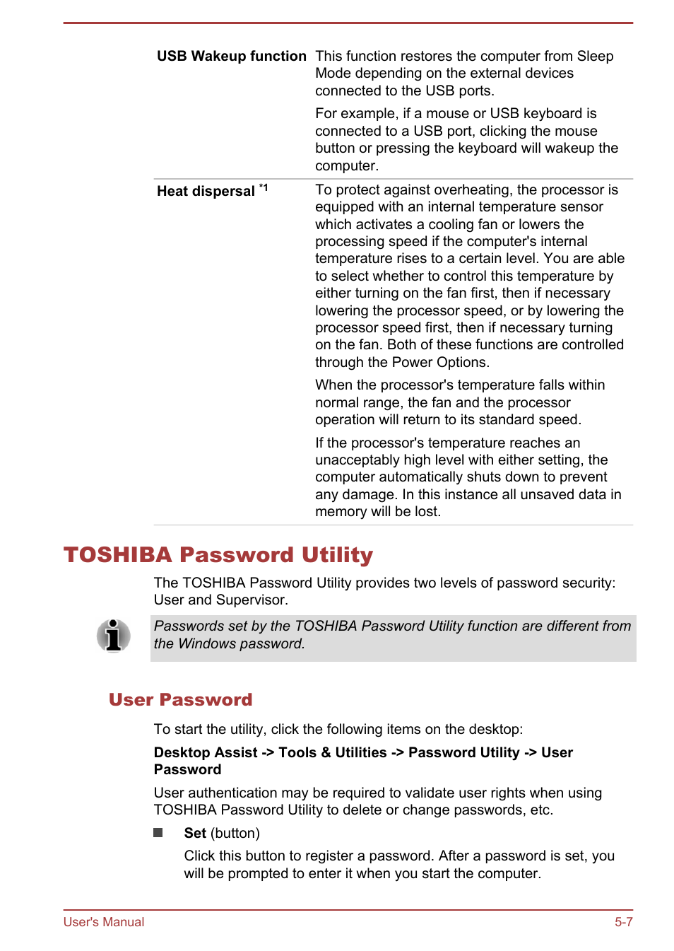 Toshiba password utility, User password, Toshiba password utility -7 | Toshiba Satellite L30W-B User Manual | Page 72 / 120