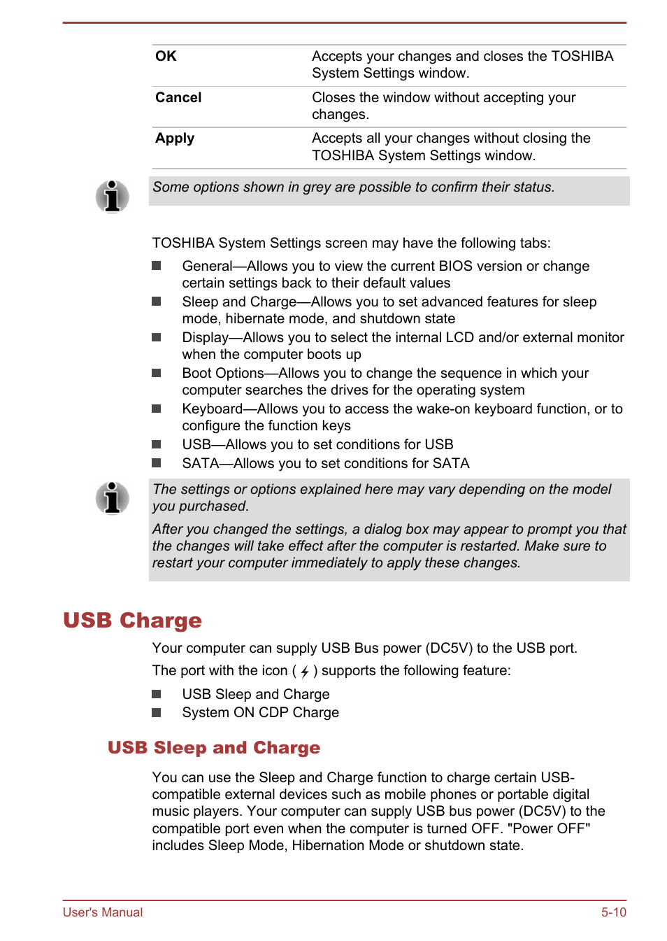 Usb charge, Usb sleep and charge, Usb charge -10 | Toshiba Satellite L30W-B User Manual | Page 75 / 120