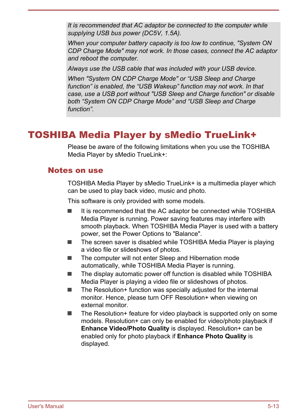 Toshiba media player by smedio truelink, Notes on use, Toshiba media player by smedio truelink+ -13 | Toshiba Satellite L30W-B User Manual | Page 78 / 120