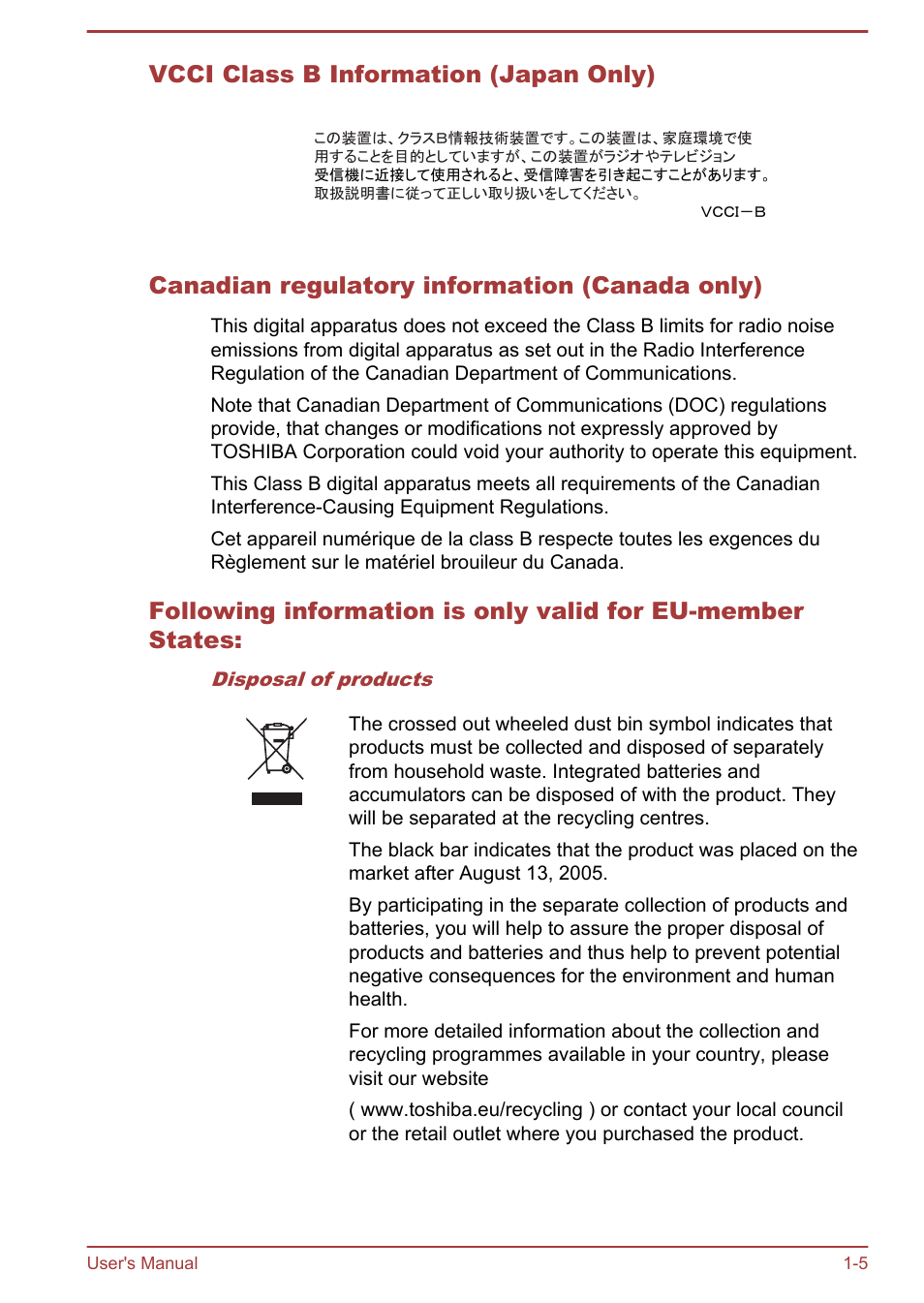 Vcci class b information (japan only), Canadian regulatory information (canada only) | Toshiba Satellite L30W-B User Manual | Page 8 / 120