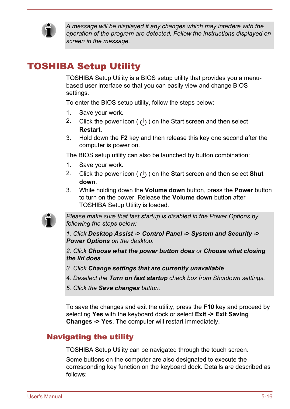 Toshiba setup utility, Navigating the utility, Toshiba setup utility -16 | Toshiba Satellite L30W-B User Manual | Page 81 / 120