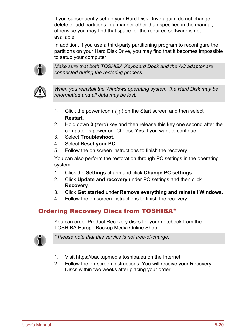 Ordering recovery discs from toshiba | Toshiba Satellite L30W-B User Manual | Page 85 / 120