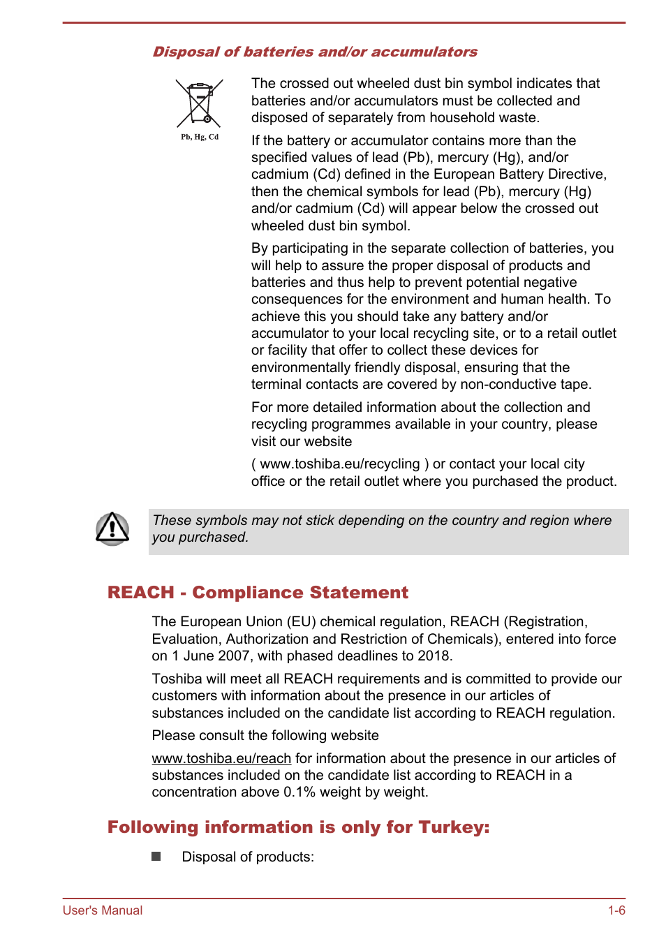 Reach - compliance statement, Following information is only for turkey | Toshiba Satellite L30W-B User Manual | Page 9 / 120