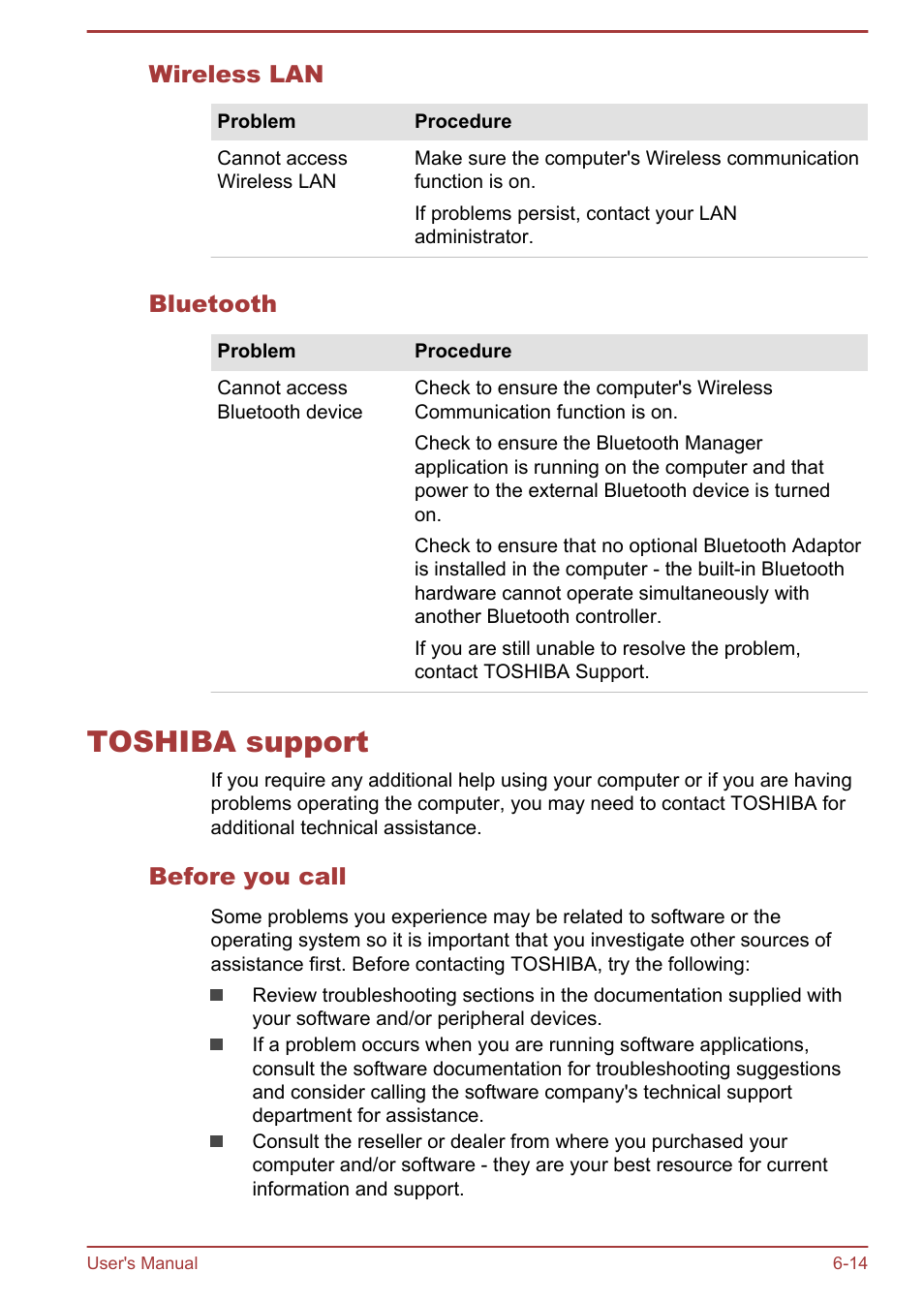 Wireless lan, Bluetooth, Toshiba support | Before you call, Toshiba support -14 | Toshiba Satellite L30W-B User Manual | Page 99 / 120