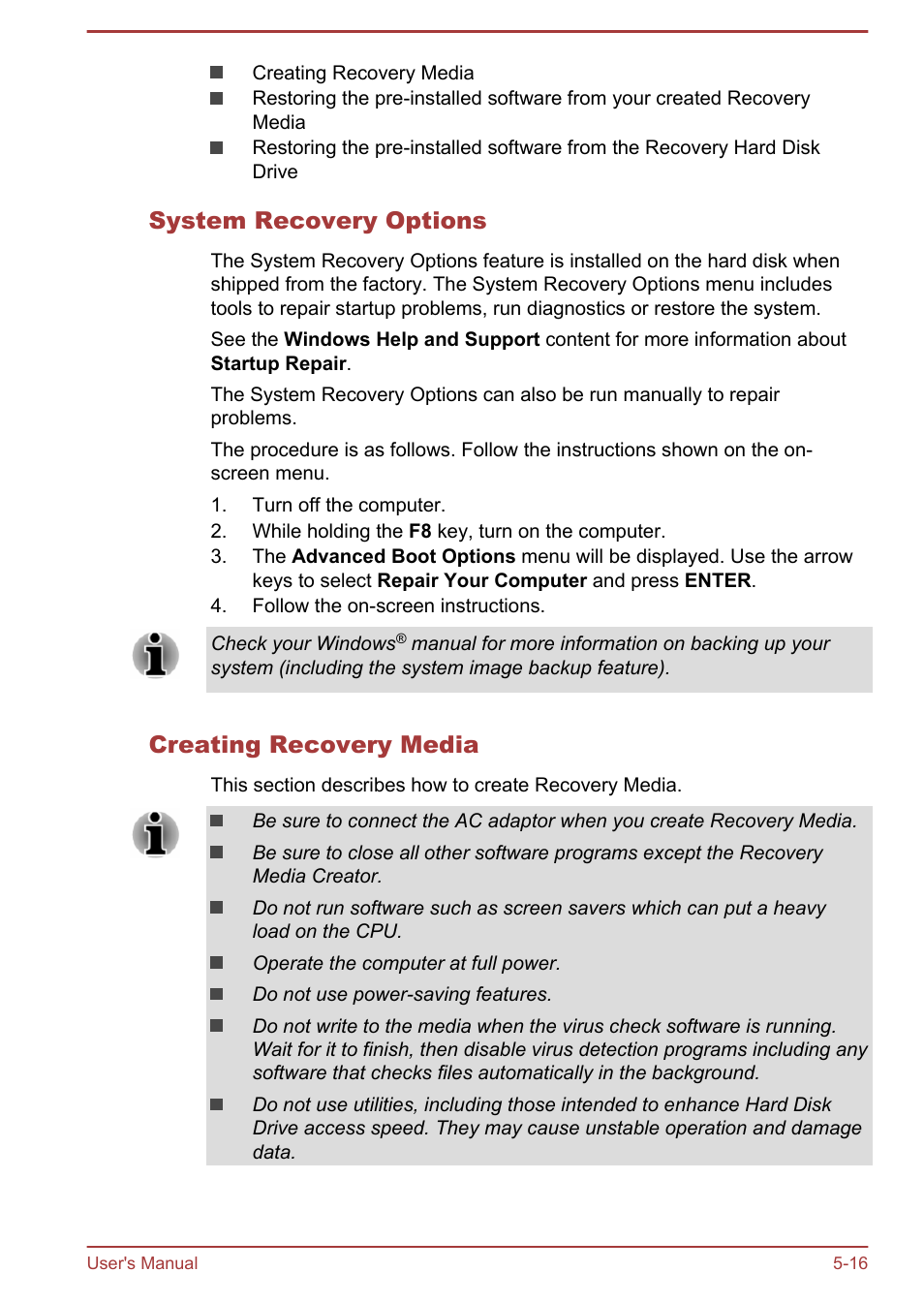 System recovery options, Creating recovery media | Toshiba Satellite S50-A User Manual | Page 100 / 138