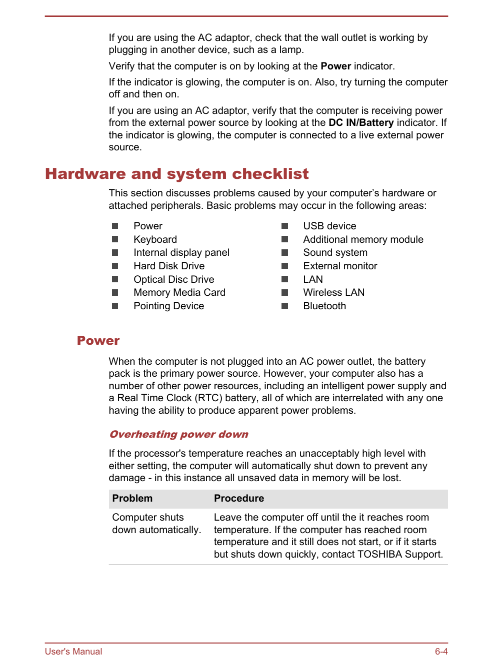 Hardware and system checklist, Power, Hardware and system checklist -4 | Toshiba Satellite S50-A User Manual | Page 107 / 138