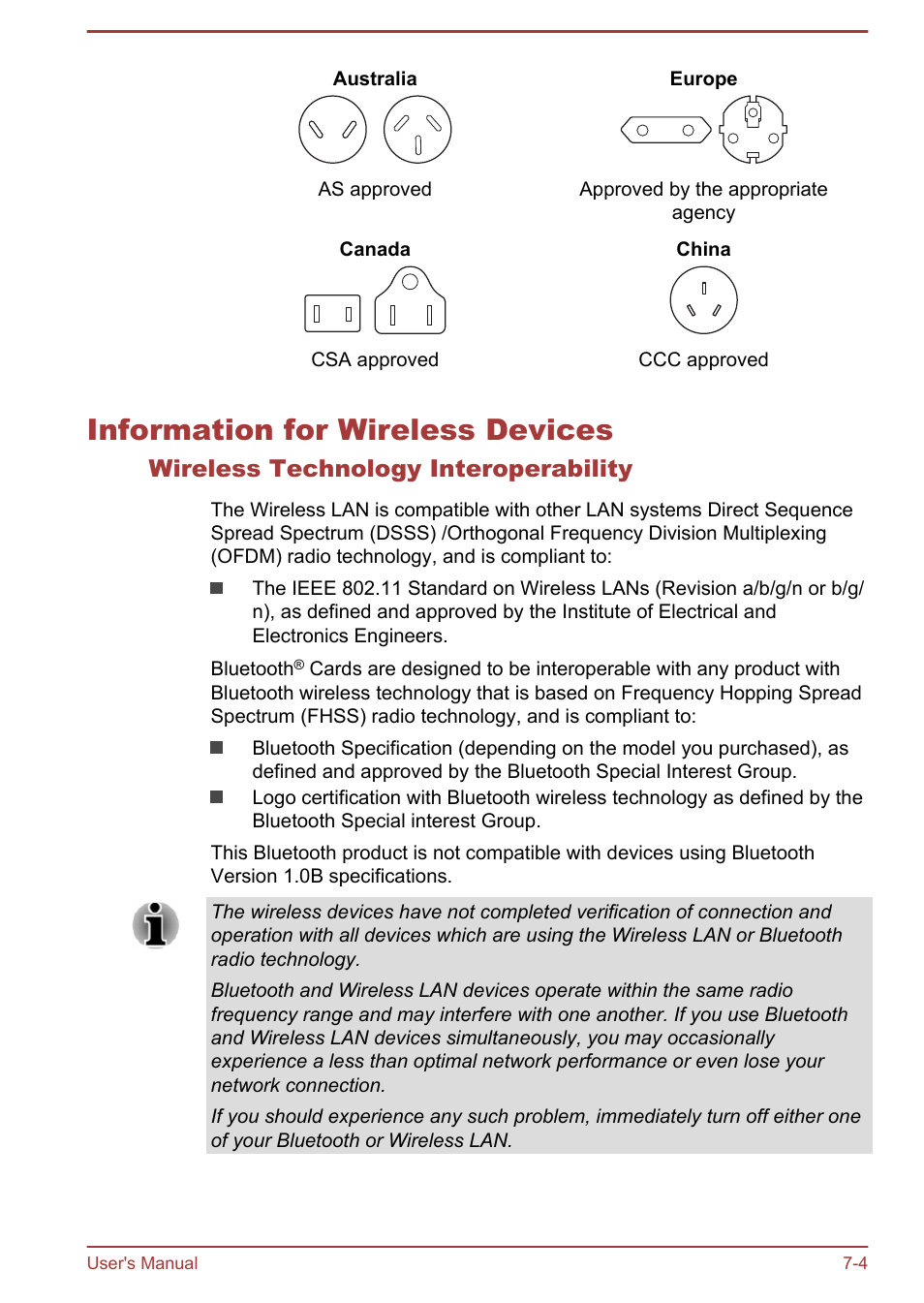 Information for wireless devices, Wireless technology interoperability, Information for wireless devices -4 | Toshiba Satellite S50-A User Manual | Page 122 / 138