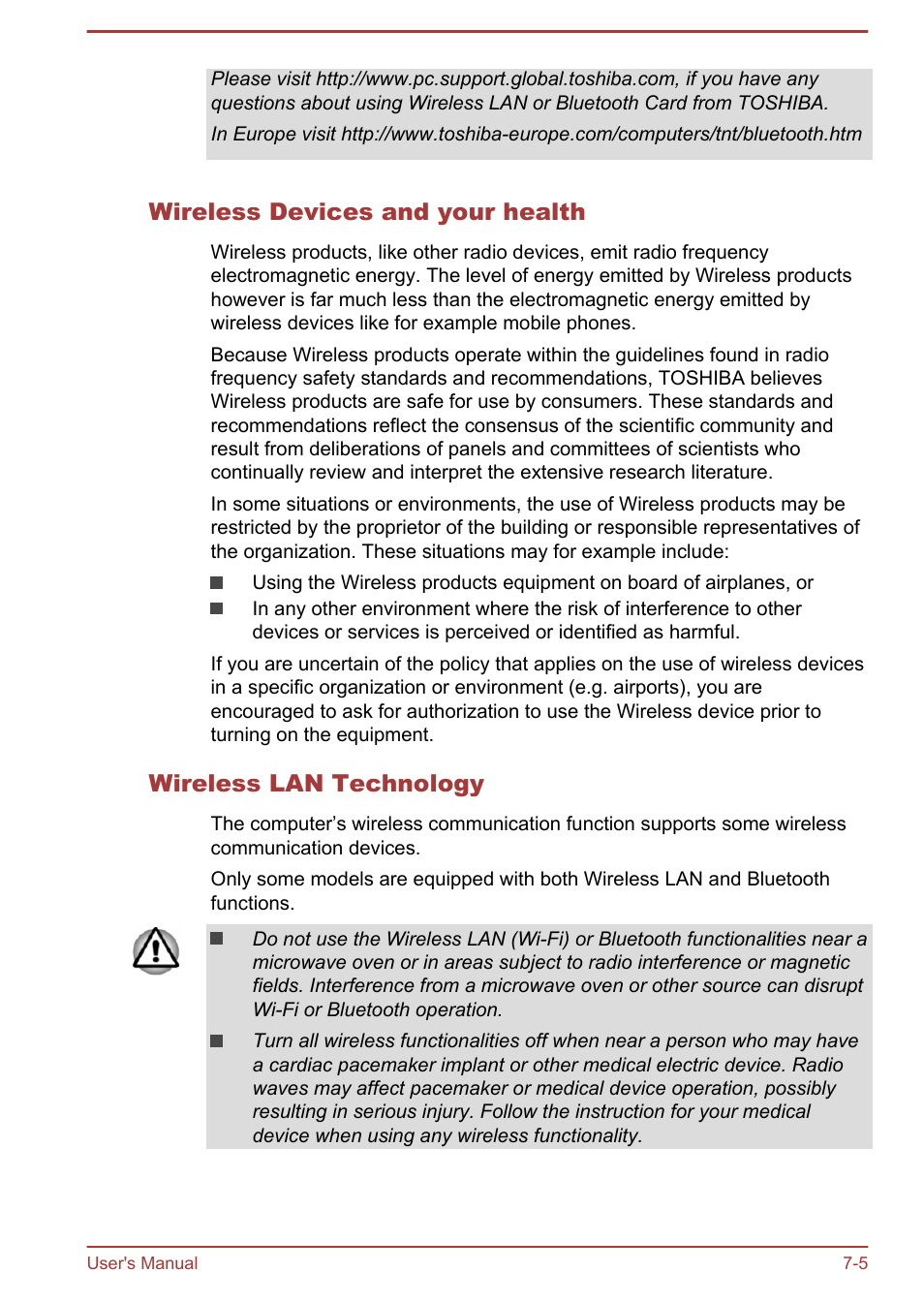 Wireless devices and your health, Wireless lan technology | Toshiba Satellite S50-A User Manual | Page 123 / 138