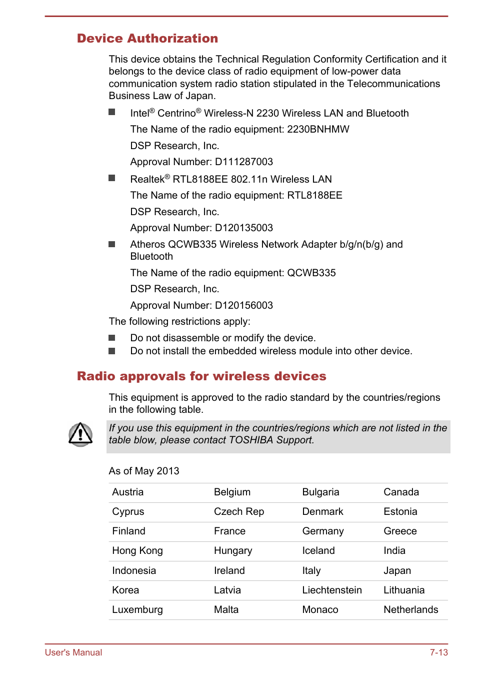 Device authorization, Radio approvals for wireless devices | Toshiba Satellite S50-A User Manual | Page 131 / 138