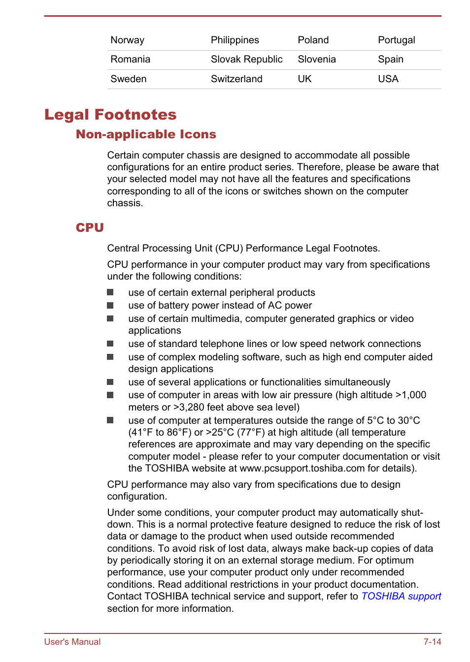 Legal footnotes, Non-applicable icons, Legal footnotes -14 | Legal, Footnotes, Section | Toshiba Satellite S50-A User Manual | Page 132 / 138