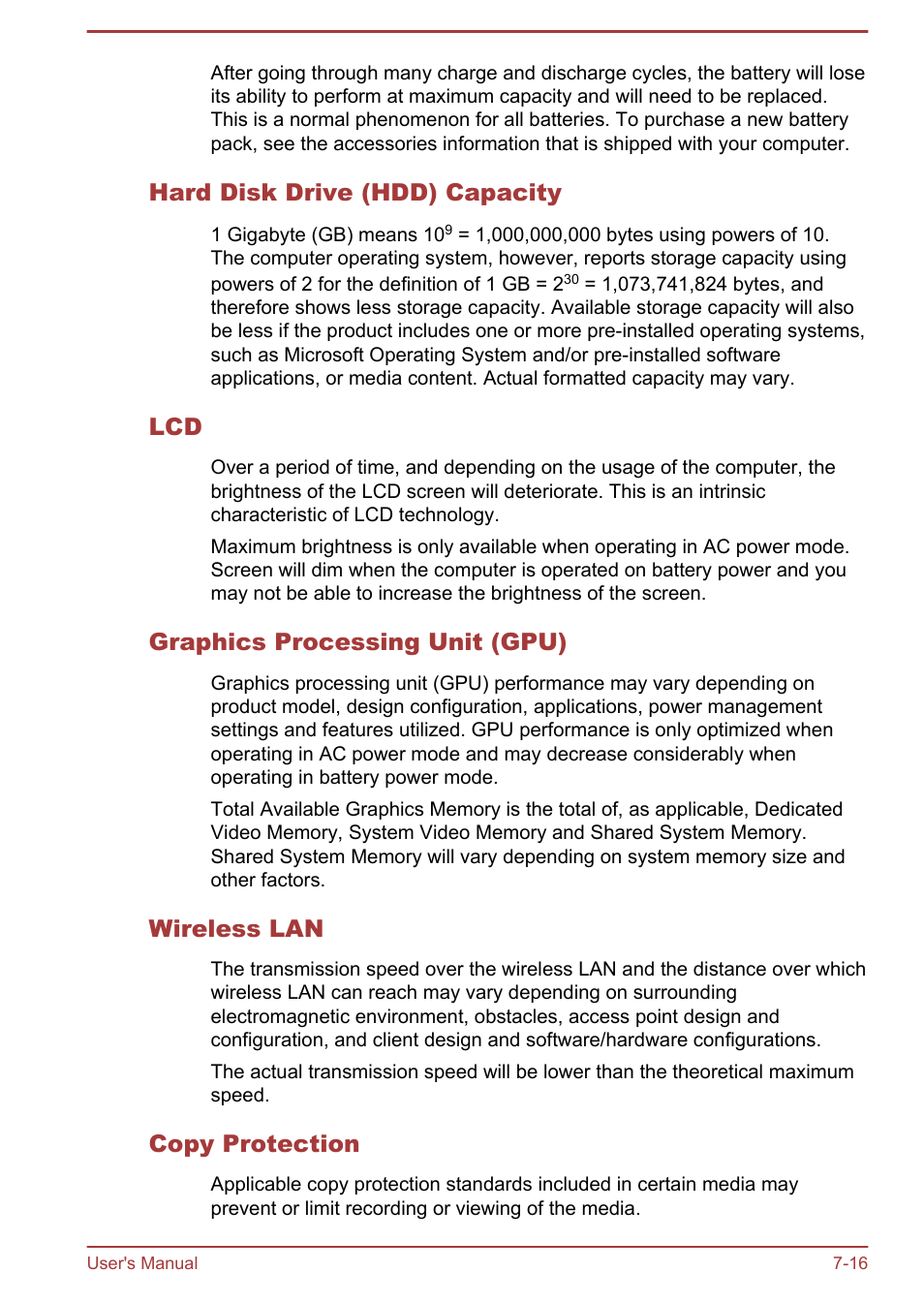 Hard disk drive (hdd) capacity, Graphics processing unit (gpu), Wireless lan | Copy protection | Toshiba Satellite S50-A User Manual | Page 134 / 138