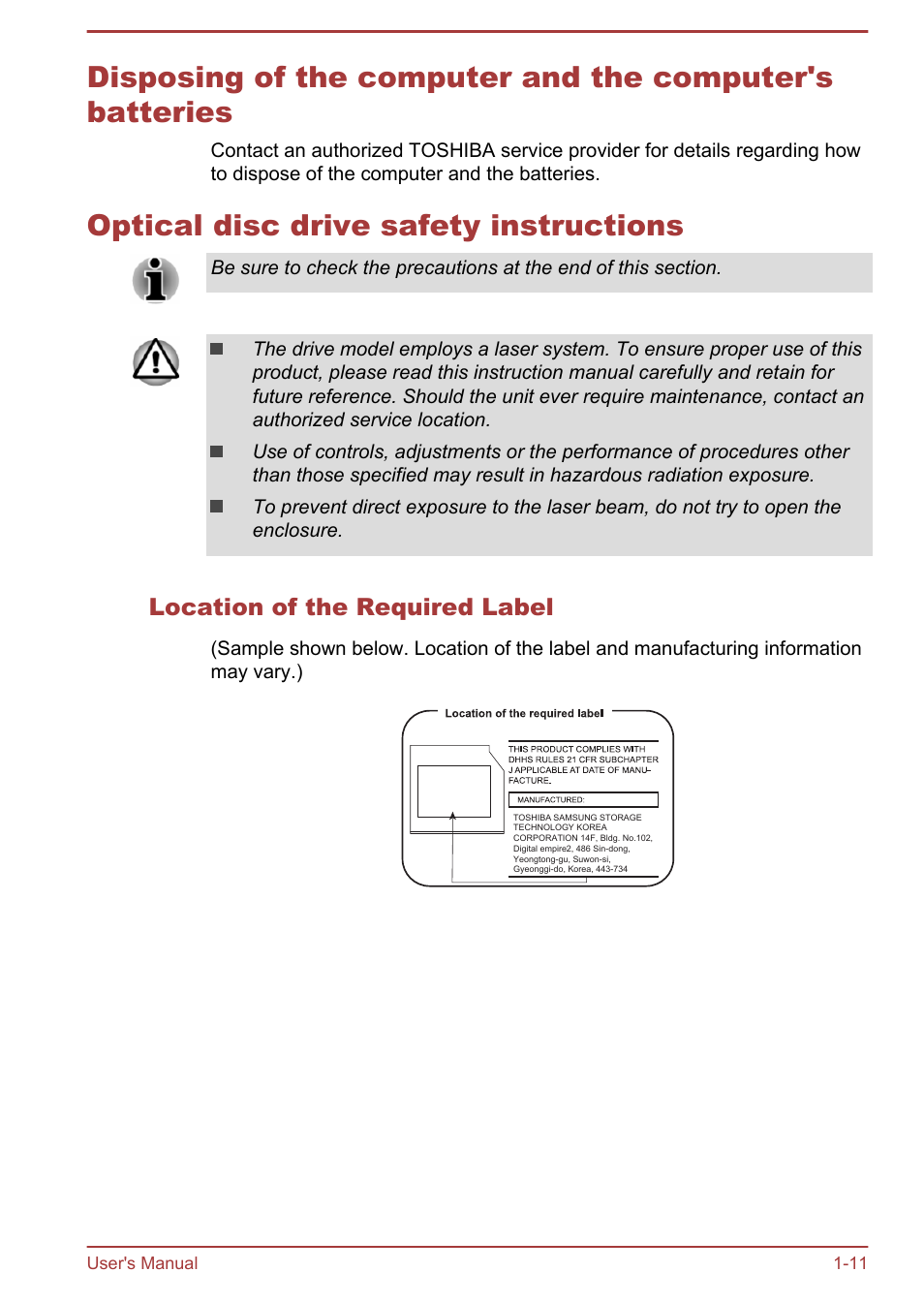 Optical disc drive safety instructions, Location of the required label | Toshiba Satellite S50-A User Manual | Page 14 / 138