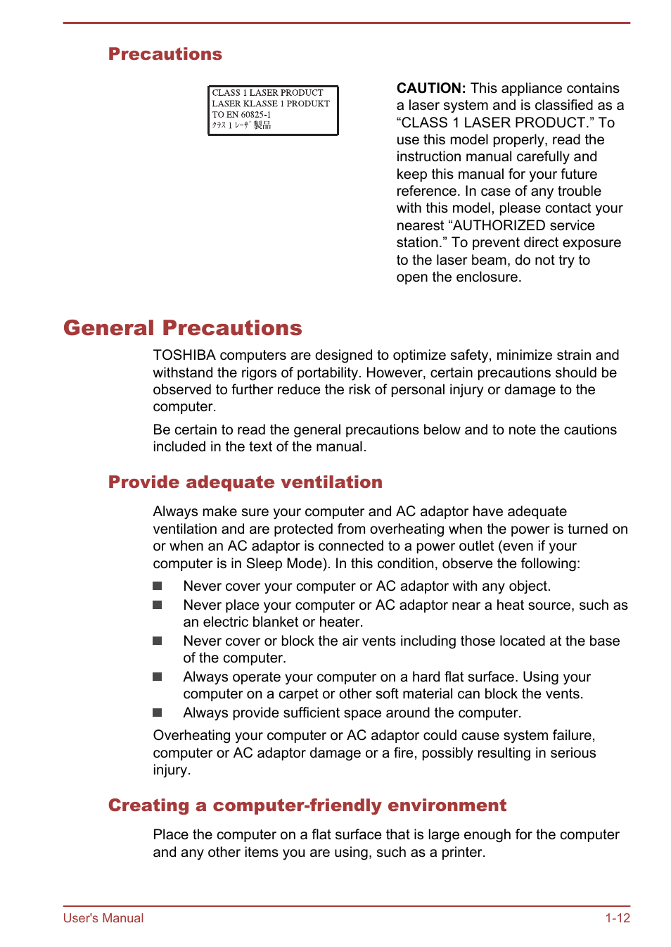 Precautions, General precautions, Provide adequate ventilation | Creating a computer-friendly environment, General precautions -12 | Toshiba Satellite S50-A User Manual | Page 15 / 138