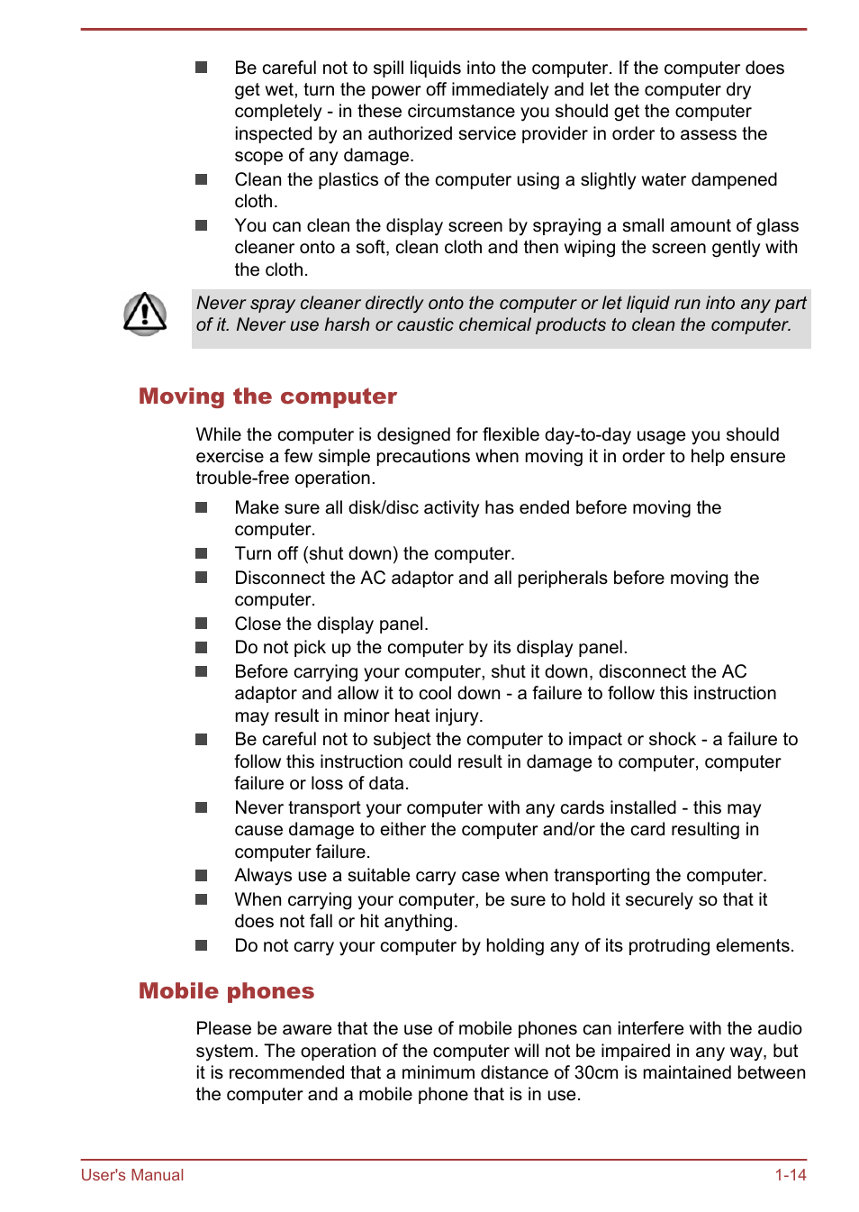 Moving the computer, Mobile phones | Toshiba Satellite S50-A User Manual | Page 17 / 138