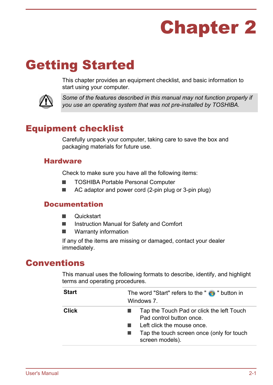 Chapter 2 getting started, Equipment checklist, Hardware | Documentation, Conventions, Chapter 2, Getting started, Equipment checklist -1 conventions -1 | Toshiba Satellite S50-A User Manual | Page 19 / 138