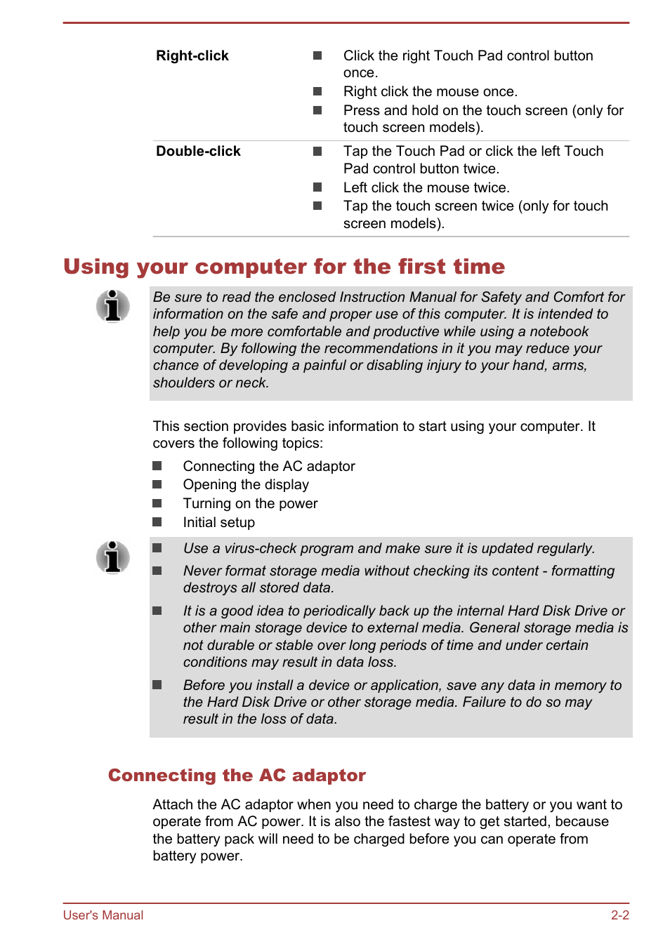 Using your computer for the first time, Connecting the ac adaptor, Using your computer for the first time -2 | Toshiba Satellite S50-A User Manual | Page 20 / 138