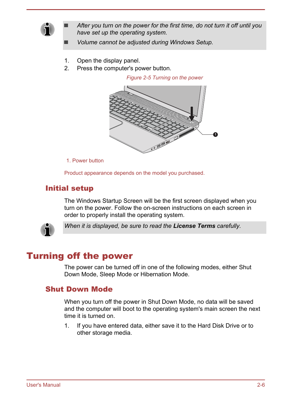 Initial setup, Turning off the power, Shut down mode | Turning off the power -6 | Toshiba Satellite S50-A User Manual | Page 24 / 138