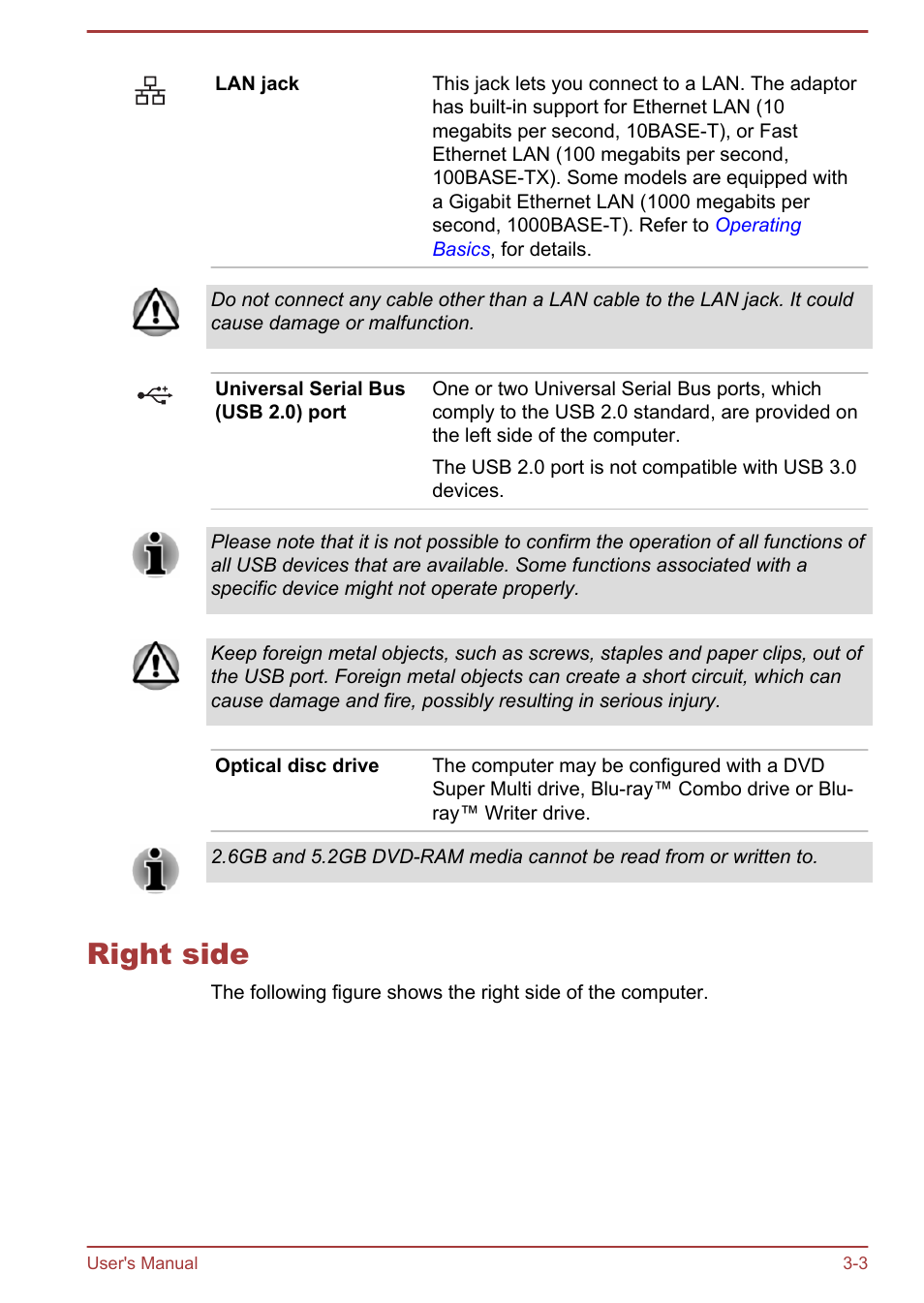 Right side, Right side -3 | Toshiba Satellite S50-A User Manual | Page 31 / 138
